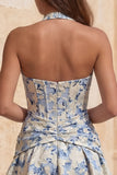 Lichtblauwe A-lijn halter hals Jacquard bloemenkorset Homecoming jurk