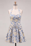 Lichtblauwe A-lijn halter hals Jacquard bloemenkorset Homecoming jurk
