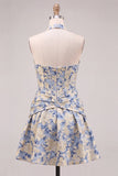 Lichtblauwe A-lijn halter hals Jacquard bloemenkorset Homecoming jurk