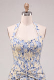 Lichtblauwe A-lijn halter hals Jacquard bloemenkorset Homecoming jurk