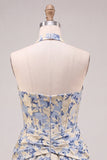 Lichtblauwe A-lijn halter hals Jacquard bloemenkorset Homecoming jurk