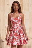 Lichtblauwe A-lijn halter hals Jacquard bloemenkorset Homecoming jurk