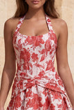 Lichtblauwe A-lijn halter hals Jacquard bloemenkorset Homecoming jurk