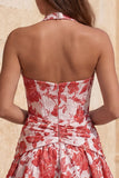 Lichtblauwe A-lijn halter hals Jacquard bloemenkorset Homecoming jurk