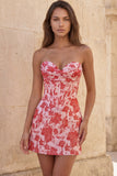 Sweetheart rood korset Bodycon bloemen gerimpelde korte homecomingjurk