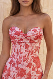 Sweetheart rood korset Bodycon bloemen gerimpelde korte homecomingjurk