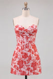 Sweetheart rood korset Bodycon bloemen gerimpelde korte homecomingjurk