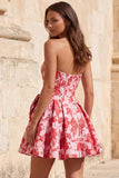 Rode A-lijn strapless korset Jacquard bloemen Homecoming jurk met strik