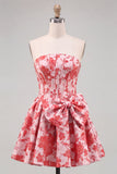Rode A-lijn strapless korset Jacquard bloemen Homecoming jurk met strik