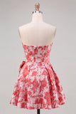 Rode A-lijn strapless korset Jacquard bloemen Homecoming jurk met strik