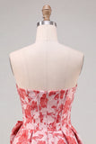 Rode A-lijn strapless korset Jacquard bloemen Homecoming jurk met strik
