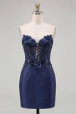 Navy Sweetheart Corset Bodycon Bloemenpailletten Satijn Korte Homecoming Jurk