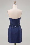 Navy Sweetheart Corset Bodycon Bloemenpailletten Satijn Korte Homecoming Jurk
