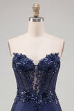 Navy Sweetheart Corset Bodycon Bloemenpailletten Satijn Korte Homecoming Jurk