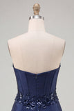 Navy Sweetheart Corset Bodycon Bloemenpailletten Satijn Korte Homecoming Jurk