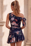 Zwarte Chiffon A-lijn bloemenjurk met ruches met één schouder