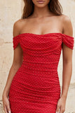 Off-the-shoulder rood gerimpeld bodycon veter op de rug korte homecomingjurk