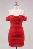 Off-the-shoulder rood gerimpeld bodycon veter op de rug korte homecomingjurk