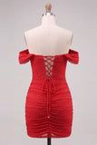 Off-the-shoulder rood gerimpeld bodycon veter op de rug korte homecomingjurk