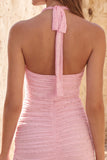Halter nek Roze Bodycon gerimpelde korte homecomingjurk met kralen