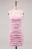 Halter nek Roze Bodycon gerimpelde korte homecomingjurk met kralen