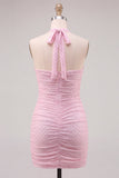 Halter nek Roze Bodycon gerimpelde korte homecomingjurk met kralen