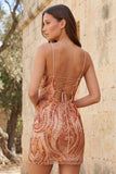 Oranje Bodycon Spaghetti Bandjes Pailletten Korte Homecoming Jurk met kant op de rug