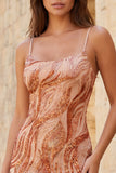 Oranje Bodycon Spaghetti Bandjes Pailletten Korte Homecoming Jurk met kant op de rug