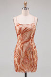 Oranje Bodycon Spaghetti Bandjes Pailletten Korte Homecoming Jurk met kant op de rug