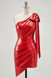 Rode eenschouder metallic gerimpelde asymmetrische korte homecomingjurk met strik