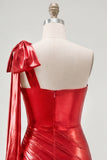 Rode eenschouder metallic gerimpelde asymmetrische korte homecomingjurk met strik