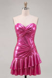 Sweetheart Fuchsia A-lijn metallic gerimpelde korte homecomingjurk met lagen