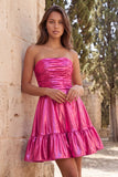 Strapless metallic goud gerimpelde A-lijn korte homecomingjurk met ruches