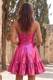 Strapless metallic goud gerimpelde A-lijn korte homecomingjurk met ruches