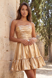 Strapless metallic goud gerimpelde A-lijn korte homecomingjurk met ruches