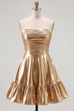 Strapless metallic goud gerimpelde A-lijn korte homecomingjurk met ruches