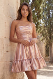 Strapless metallic goud gerimpelde A-lijn korte homecomingjurk met ruches