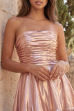 Strapless metallic goud gerimpelde A-lijn korte homecomingjurk met ruches