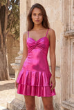 Fuchsia metallic gerimpeld A-lijn gelaagde spaghettibandjes korte homecomingjurk