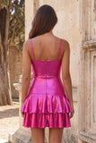 Fuchsia metallic gerimpeld A-lijn gelaagde spaghettibandjes korte homecomingjurk