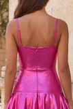 Fuchsia metallic gerimpeld A-lijn gelaagde spaghettibandjes korte homecomingjurk