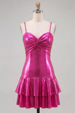 Fuchsia metallic gerimpeld A-lijn gelaagde spaghettibandjes korte homecomingjurk