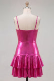 Fuchsia metallic gerimpeld A-lijn gelaagde spaghettibandjes korte homecomingjurk