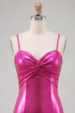 Fuchsia metallic gerimpeld A-lijn gelaagde spaghettibandjes korte homecomingjurk