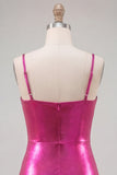 Fuchsia metallic gerimpeld A-lijn gelaagde spaghettibandjes korte homecomingjurk