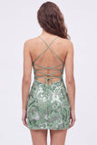 Blauwe bodycon spaghettibandjes met pailletten versierde homecoming-jurk met veter op de rug