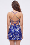 Blauwe bodycon spaghettibandjes met pailletten versierde homecoming-jurk met veter op de rug