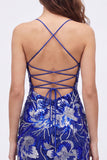 Blauwe bodycon spaghettibandjes met pailletten versierde homecoming-jurk met veter op de rug