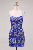 Blauwe bodycon spaghettibandjes met pailletten versierde homecoming-jurk met veter op de rug