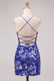 Blauwe bodycon spaghettibandjes met pailletten versierde homecoming-jurk met veter op de rug